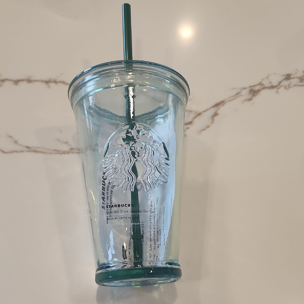 Starbucks Aqua Glass Tumbler with Green Straw